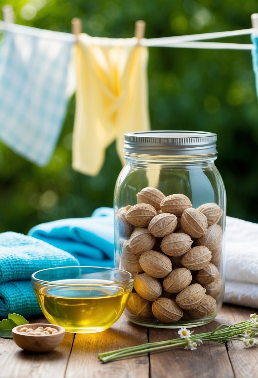 A glass jar filled with soap nuts next to a bowl of fabric softener liquid, surrounded by fresh laundry and a clothesline