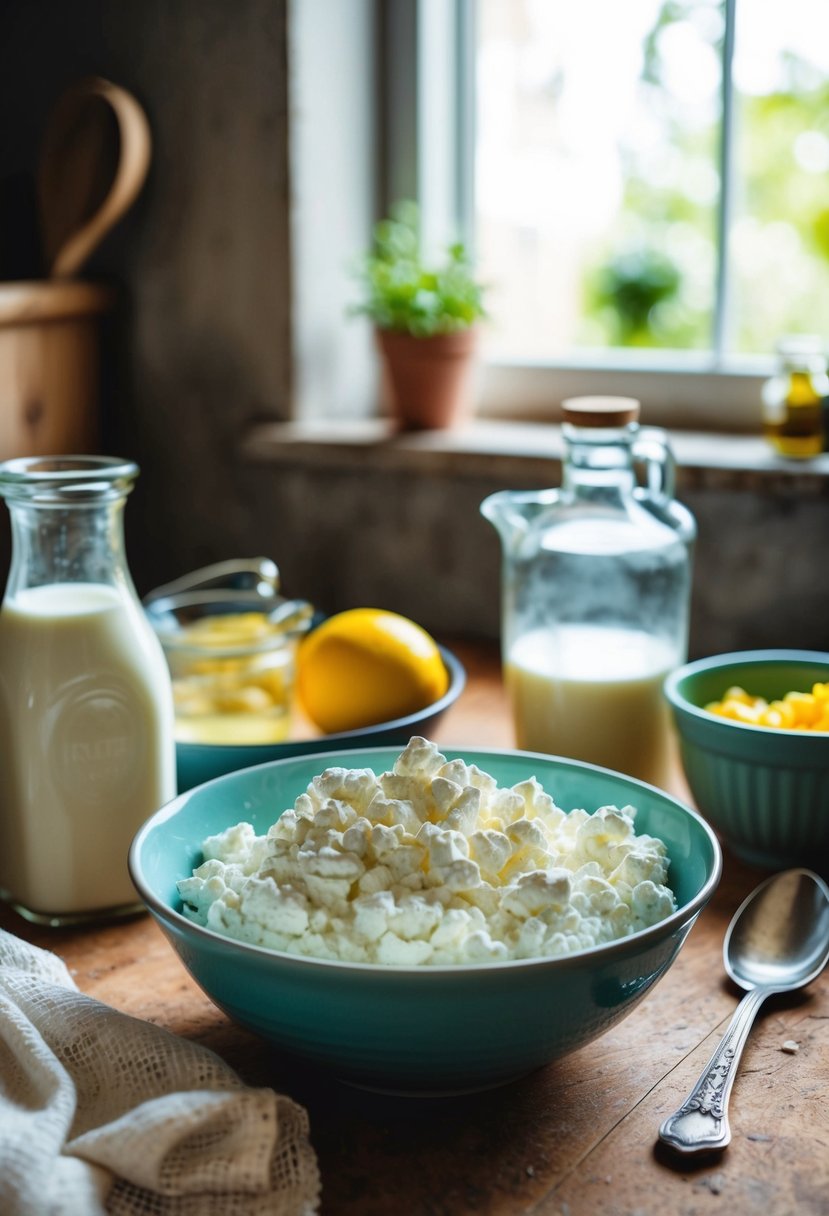 A rustic kitchen counter with a bowl of freshly made cottage cheese, surrounded by ingredients like milk, vinegar, and a cheesecloth