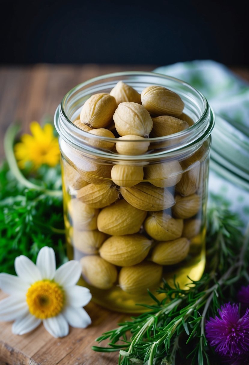 A cluster of soap nuts soaking in a glass jar, surrounded by fresh herbs and flowers