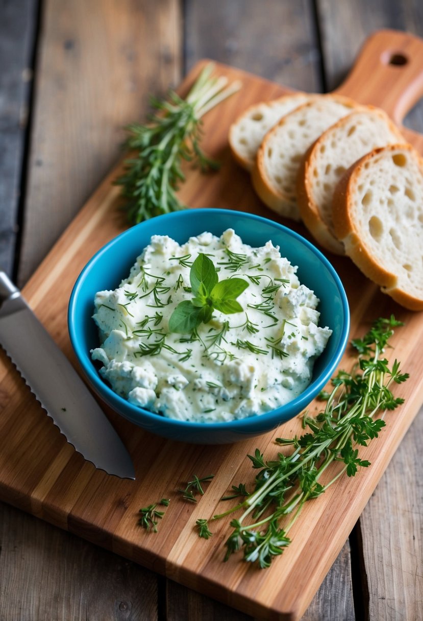 A wooden cutting board with a bowl of creamy herb cottage cheese spread surrounded by fresh herbs and a wedge of rustic bread