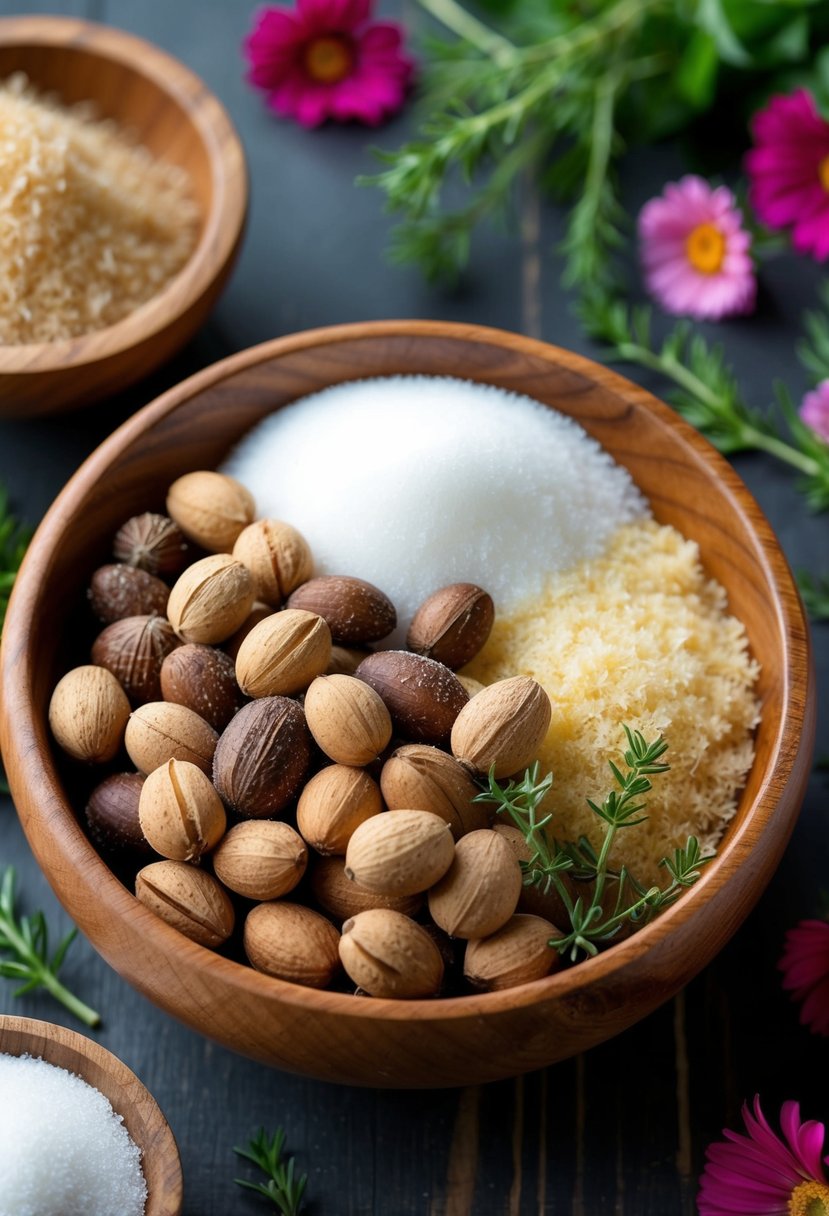 A wooden bowl filled with soap nuts, coconut oil, and sugar, surrounded by fresh herbs and flowers