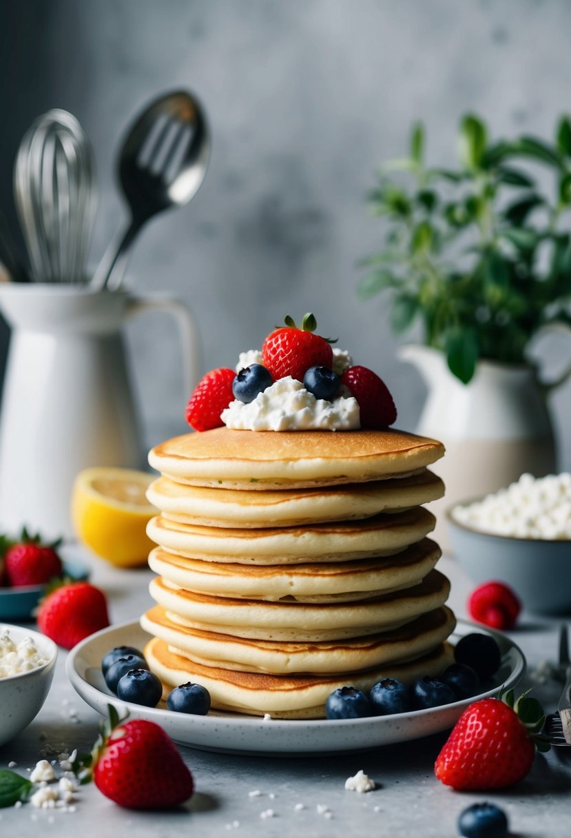 A stack of fluffy pancakes topped with fresh berries and a dollop of cottage cheese, surrounded by ingredients and cooking utensils