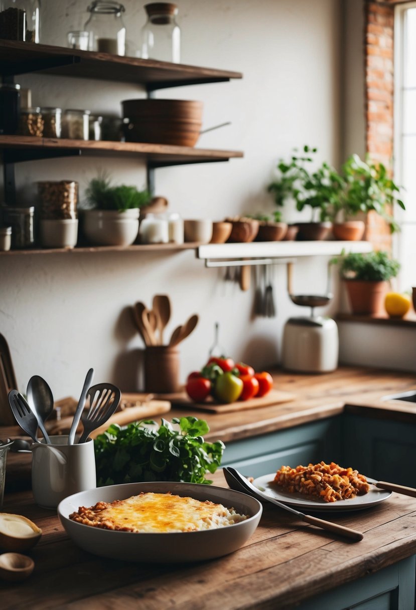 A rustic kitchen counter with ingredients and utensils for making cottage cheese lasagna