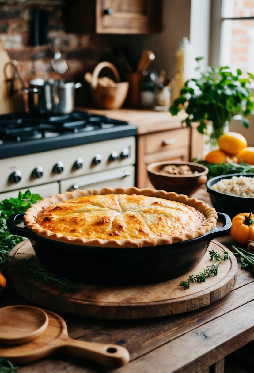 A rustic kitchen with a bubbling dutch oven pie on a wooden table, surrounded by fresh ingredients and a cozy, inviting atmosphere