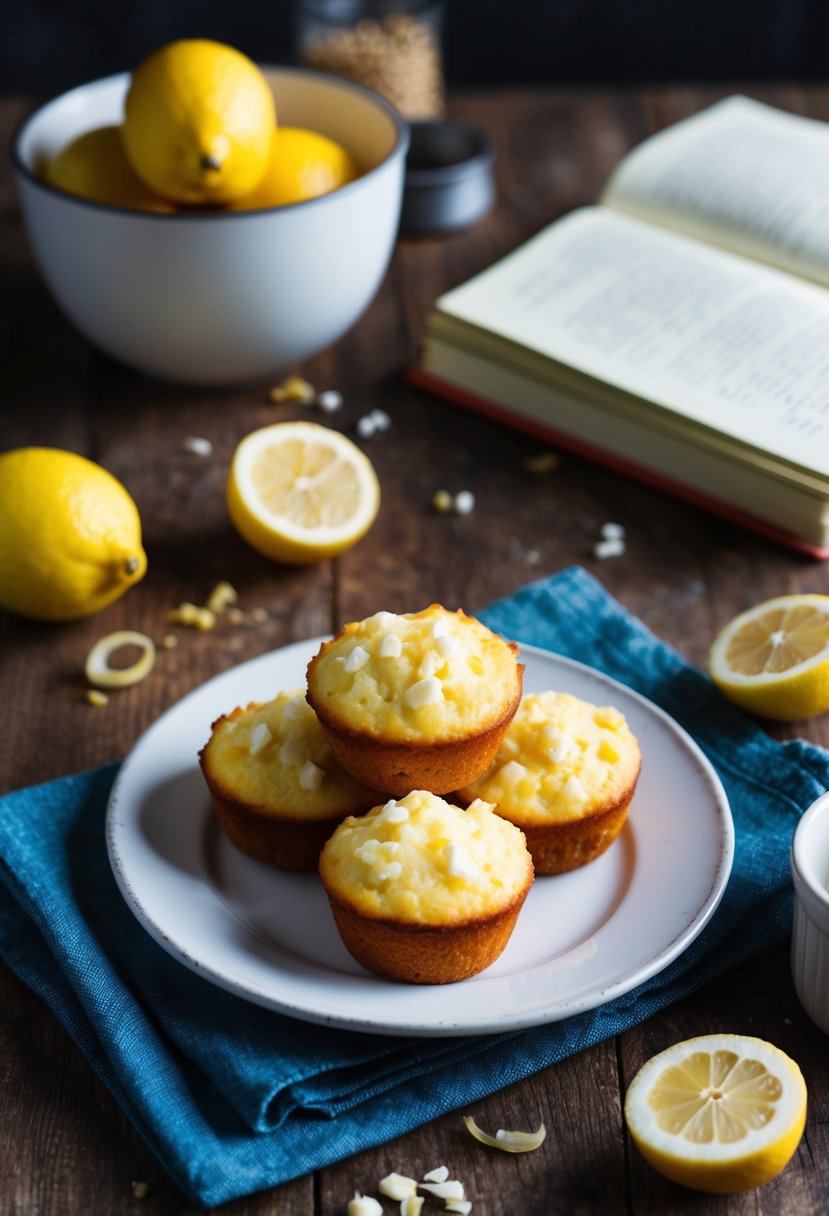 A rustic kitchen table with a plate of tangy lemon cottage cheese muffins, surrounded by ingredients and a recipe book