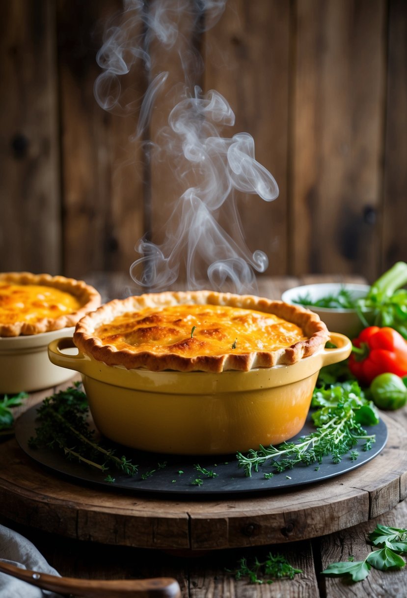 A bubbling dutch oven pot pie sits on a rustic wooden table, steam rising from the golden crust, surrounded by fresh herbs and vegetables