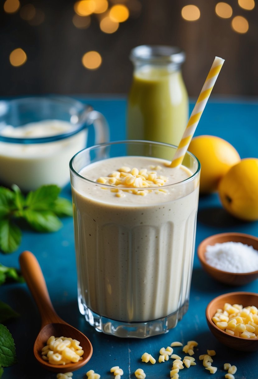 A glass of creamy vanilla cottage cheese smoothie surrounded by fresh ingredients and a blender