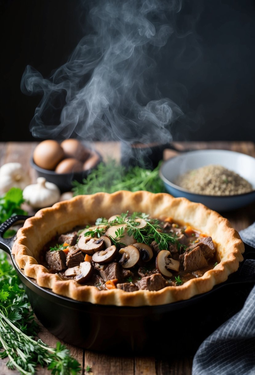 A steaming beef and mushroom pie sits in a rustic dutch oven, surrounded by fresh herbs and ingredients