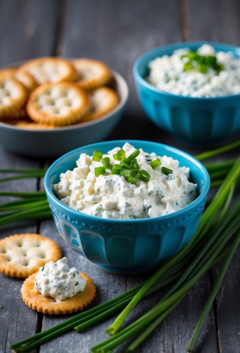 A bowl of creamy cottage cheese and chive dip surrounded by fresh chives, a dollop of dip on a cracker beside it