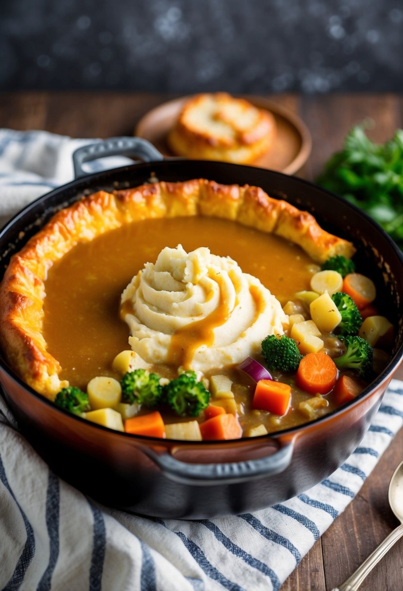 A bubbling dutch oven filled with layers of colorful vegetables, creamy mashed potatoes, and savory gravy, topped with a golden-brown crust