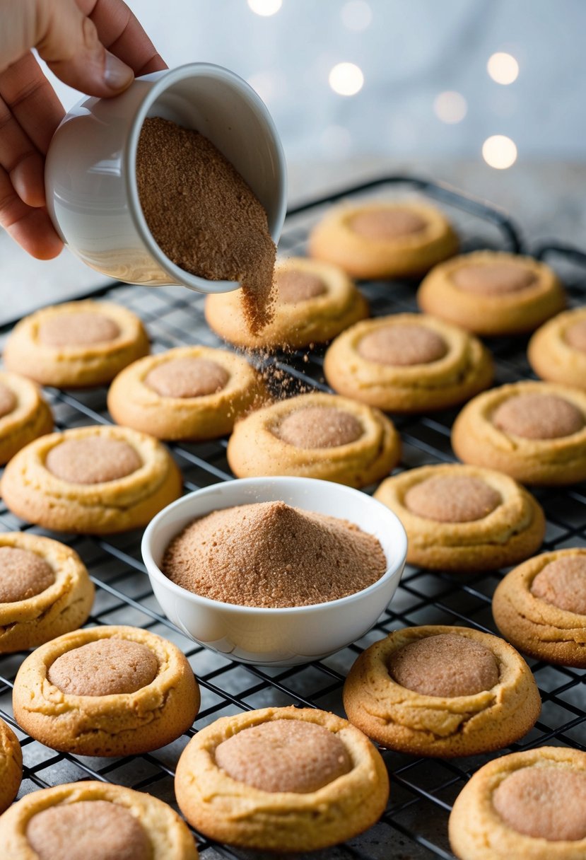 A bowl of cinnamon chips being sprinkled over a batch of freshly baked cookies on a cooling rack