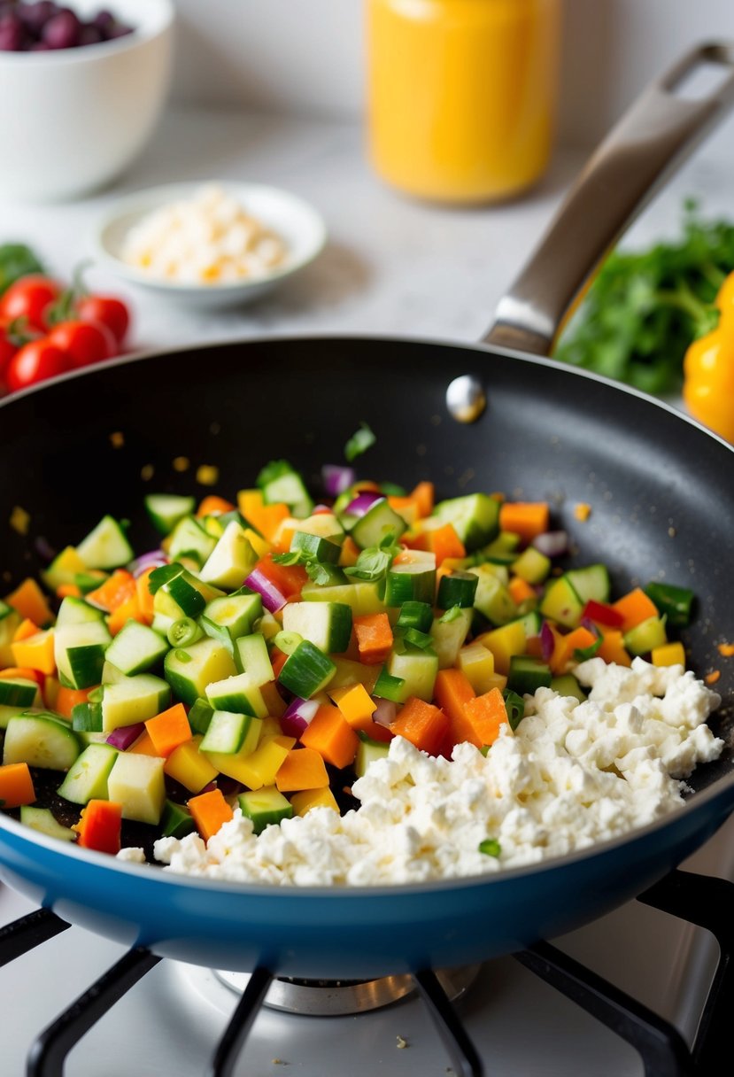 A colorful array of chopped vegetables and cottage cheese sizzling in a skillet on a stovetop