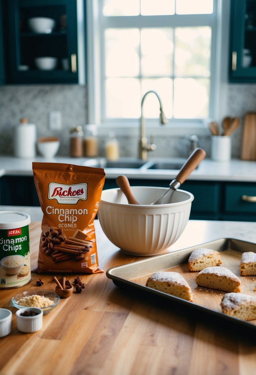 A kitchen counter with ingredients and utensils for making cinnamon chip scones, including a bag of cinnamon chips, a mixing bowl, and a baking sheet