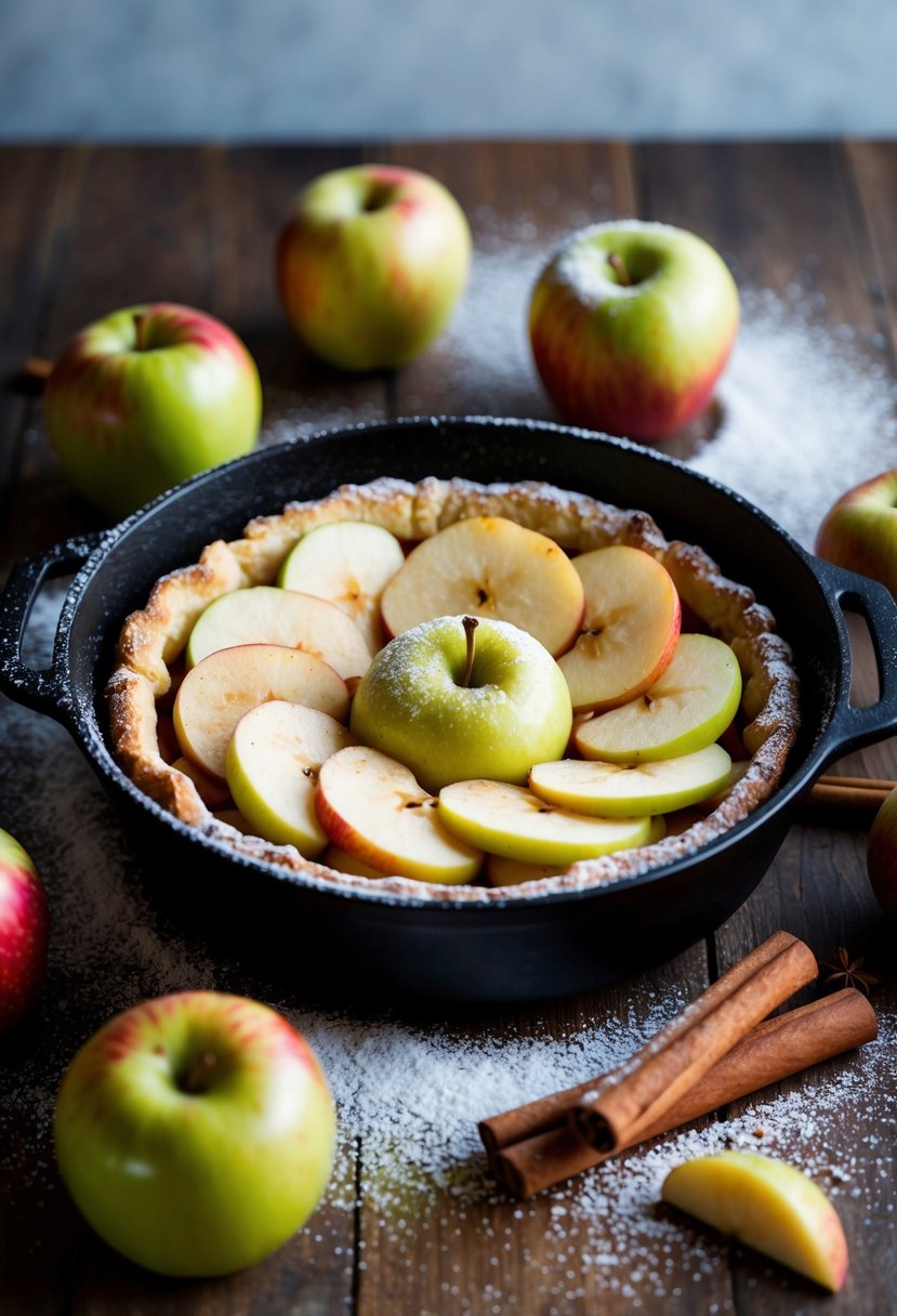 A rustic apple tart sits in a cast iron dutch oven, surrounded by fresh apples, cinnamon sticks, and a dusting of powdered sugar