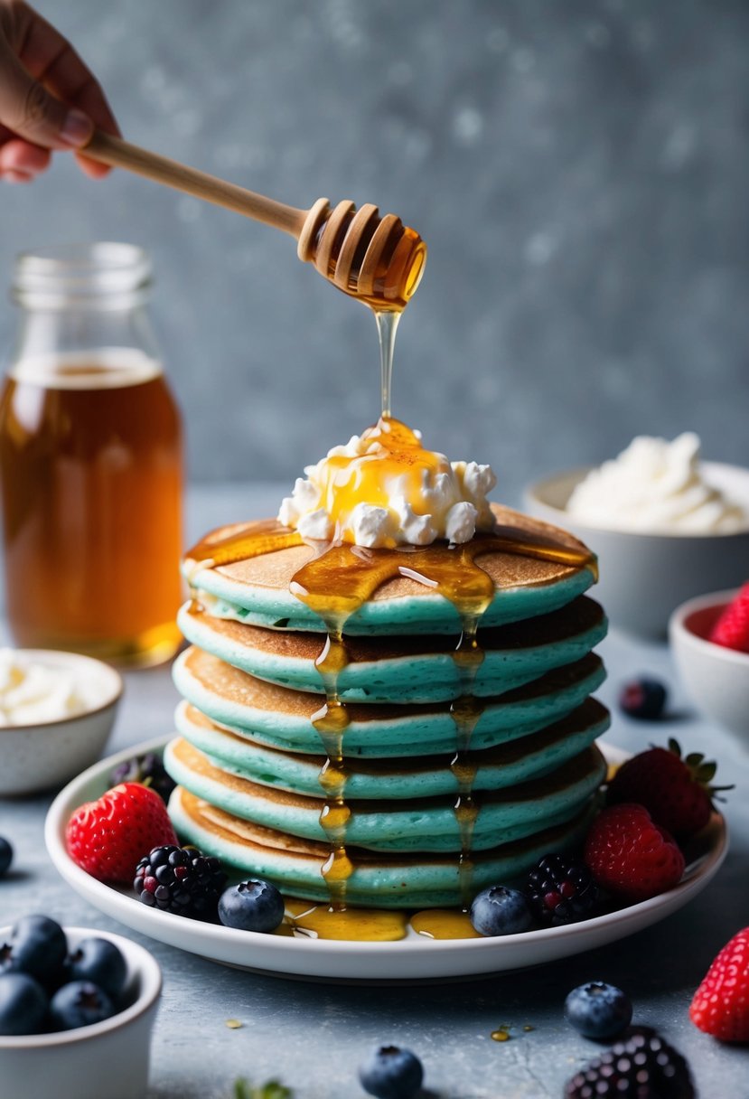 A stack of fluffy protein pancakes topped with cottage cheese and drizzled with honey, surrounded by fresh berries and a dollop of whipped cream