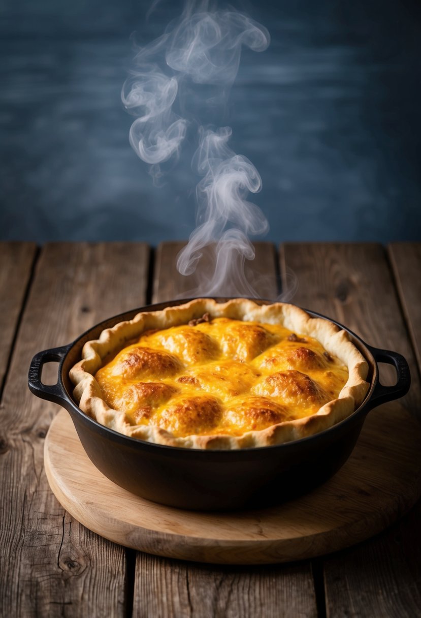 A rustic dutch oven sits on a wooden table, steam rising from a golden-brown cheese and onion pie with a flaky crust