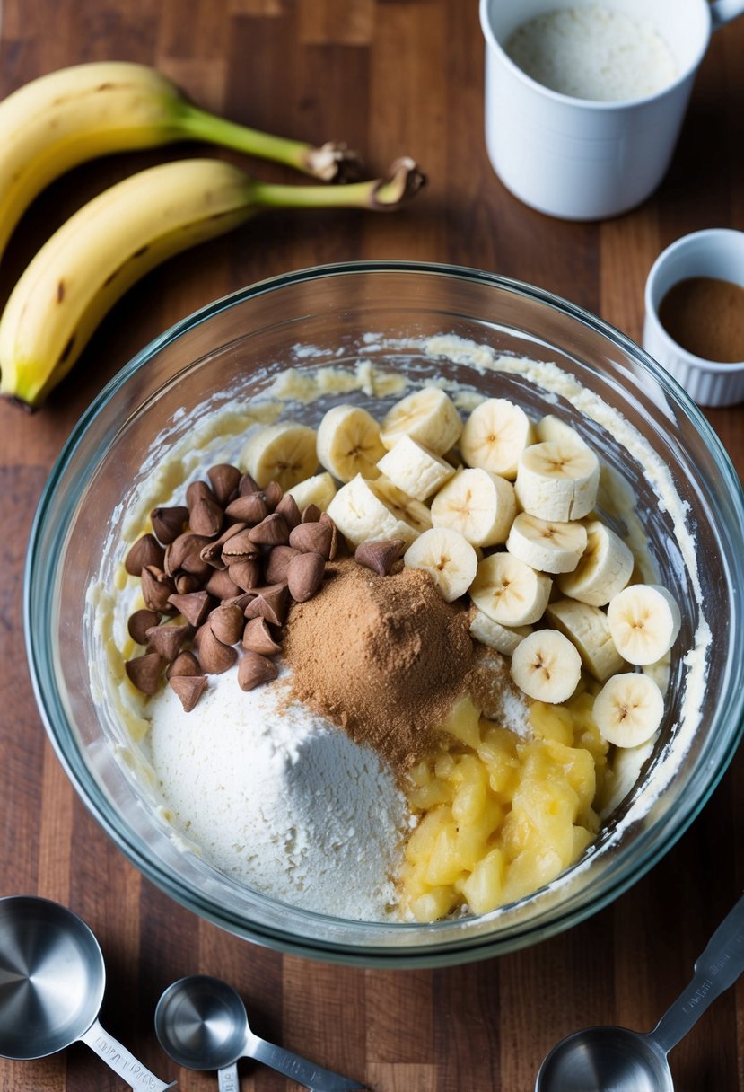 A mixing bowl filled with mashed bananas, cinnamon chips, and flour, surrounded by measuring cups and spoons on a wooden countertop