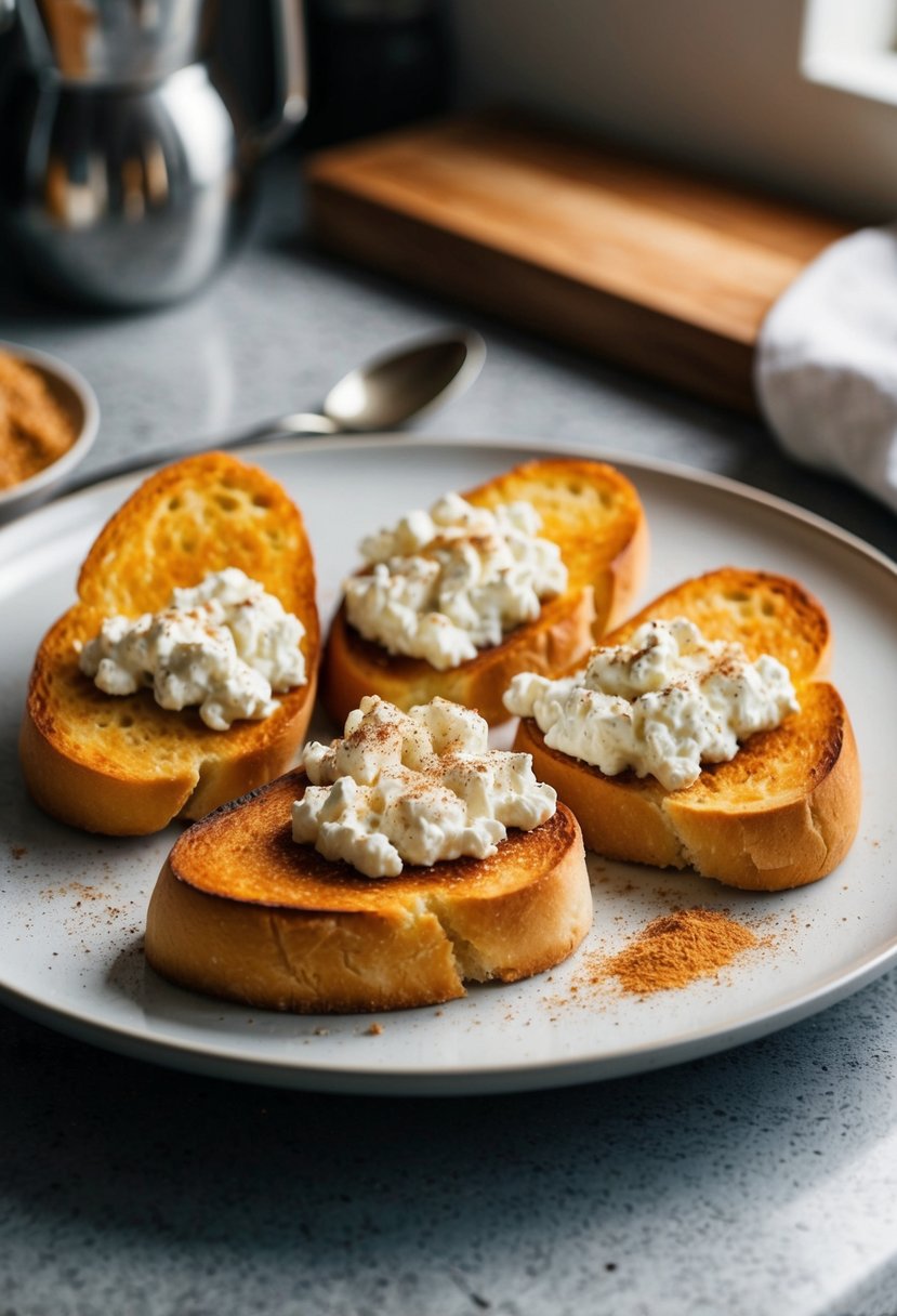 A rustic kitchen counter with a plate of golden toasted bread topped with creamy cottage cheese and sprinkled with sweet cinnamon