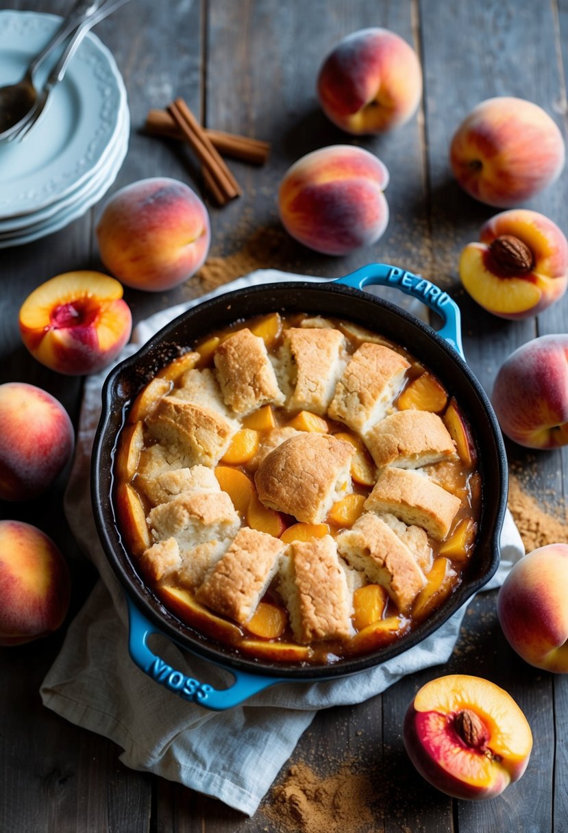 A bubbling peach cobbler pie sits in a rustic dutch oven, surrounded by fresh peaches and a scattering of cinnamon and sugar