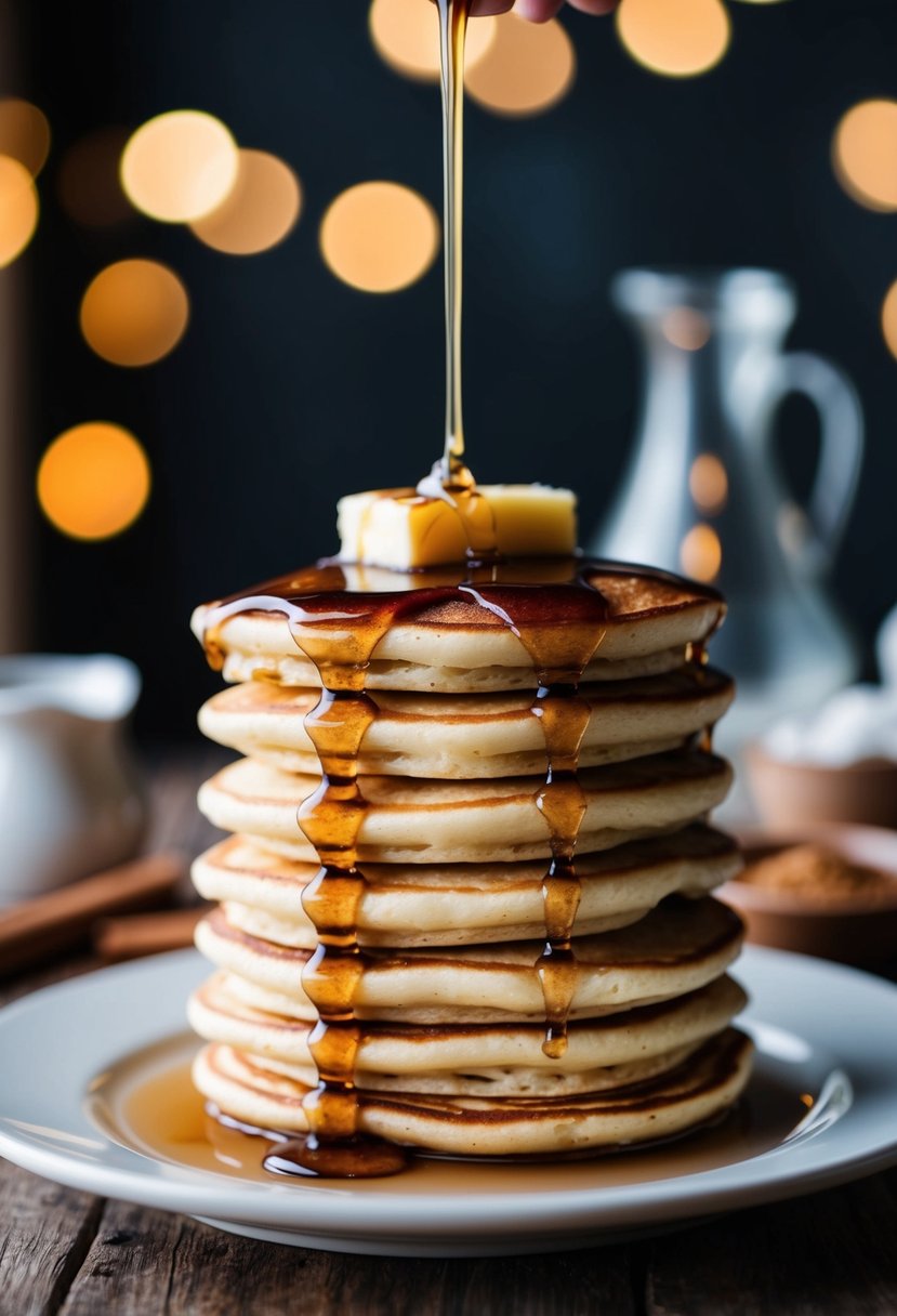 A stack of cinnamon chip pancakes with melted butter and syrup