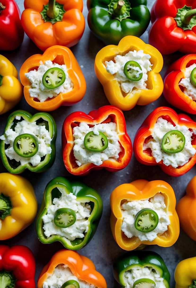 A colorful array of bell peppers, each sliced in half and filled with creamy cottage cheese, ready to be baked to perfection