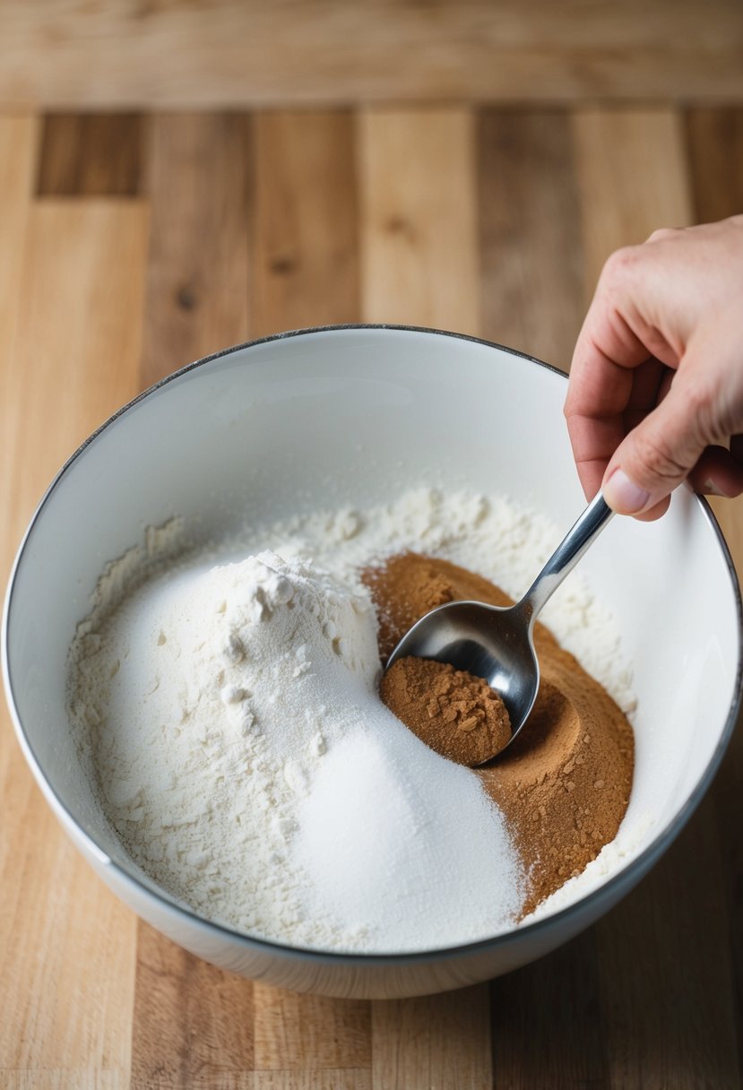 A mixing bowl with flour, sugar, and cinnamon chips. A hand reaches for a spoon to mix the ingredients