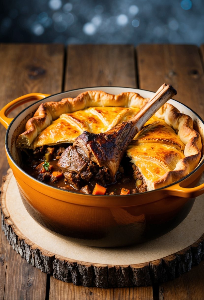 A rustic dutch oven sits on a wooden table, filled with a hearty lamb shank pie bubbling with rich, savory filling and topped with a golden, flaky crust