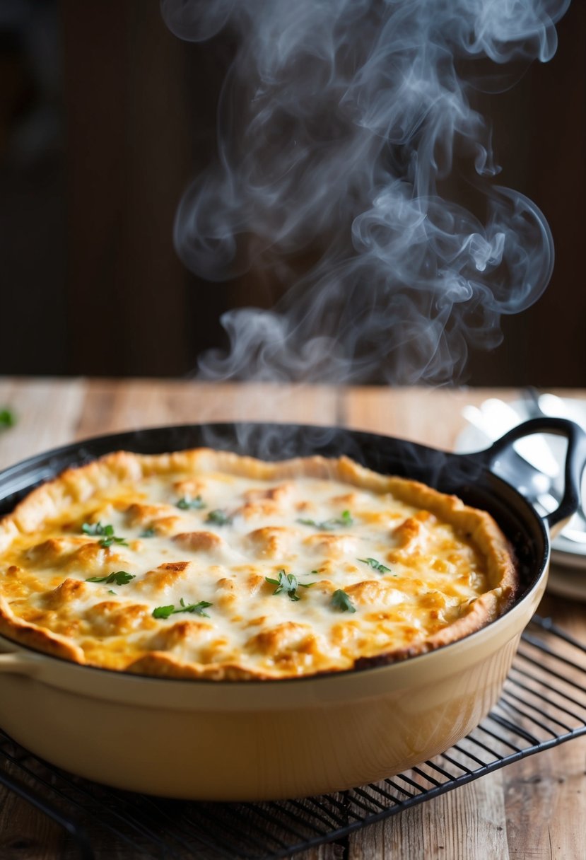 A bubbling Dutch oven with a golden-brown Chicken Alfredo Pie, steam rising