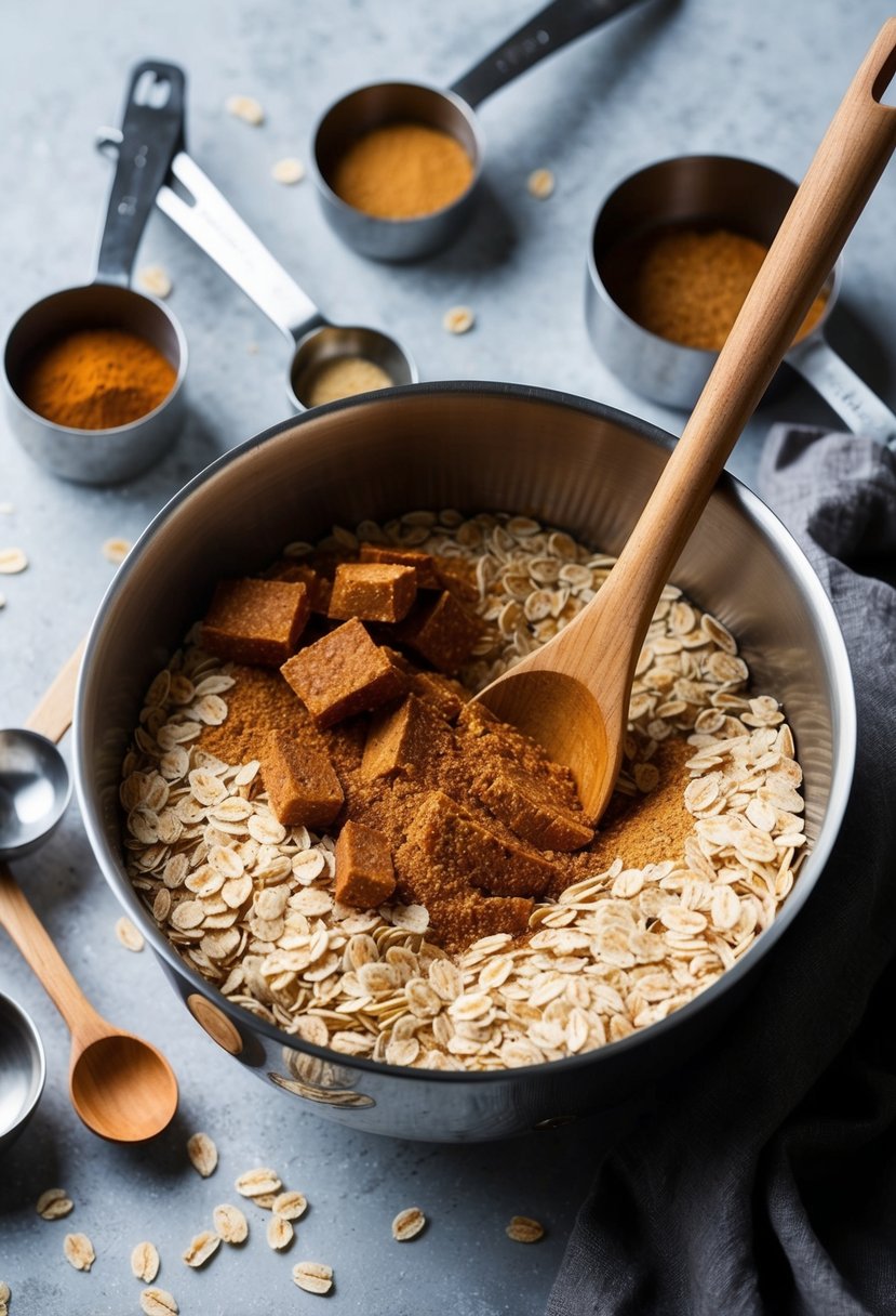 A mixing bowl filled with oats and cinnamon chips, surrounded by measuring cups and spoons, with a wooden spoon stirring the ingredients together