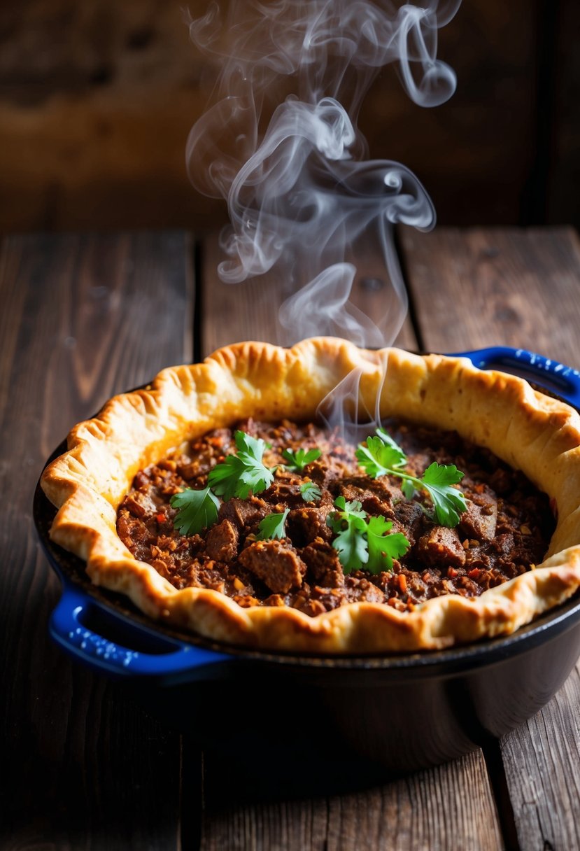 A rustic dutch oven sits on a wooden table, steam rising from a Moroccan Spiced Beef Pie. A golden, flaky crust covers the savory filling