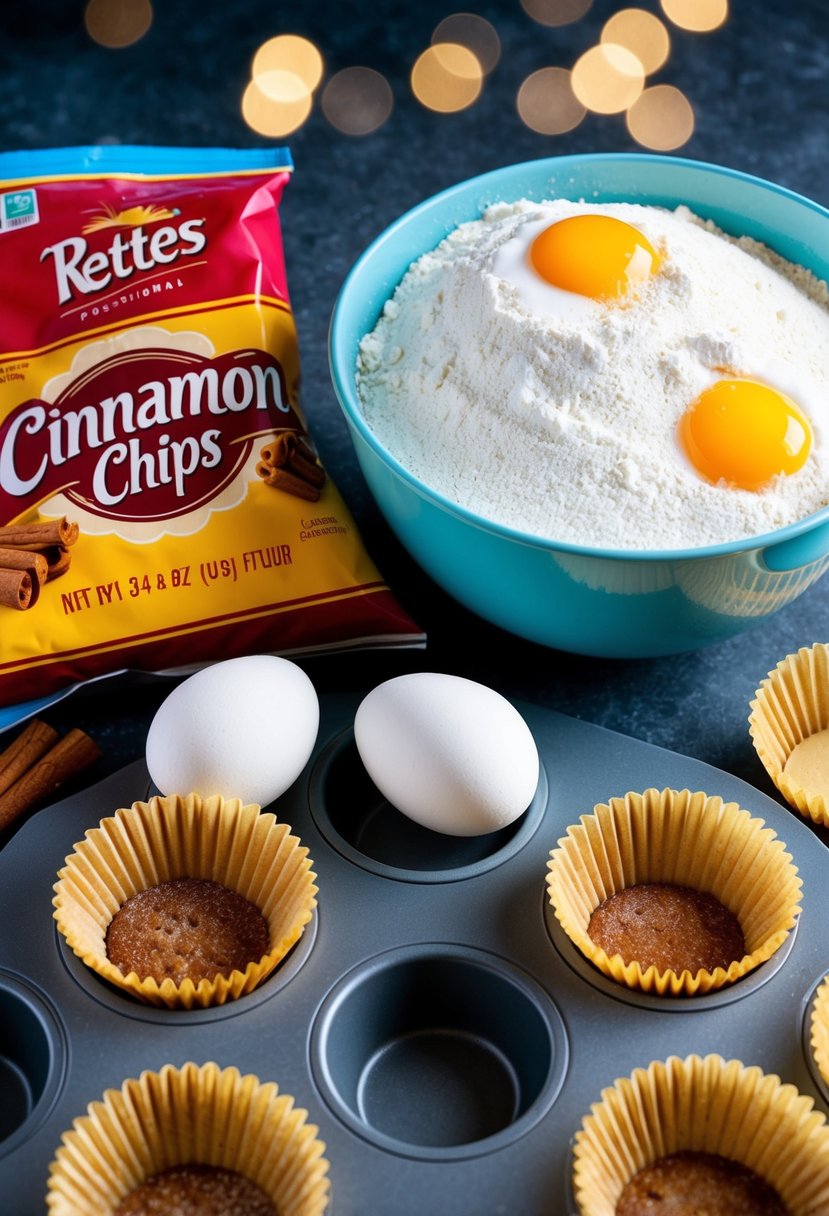 A mixing bowl filled with flour, sugar, and eggs, surrounded by a bag of cinnamon chips and a muffin tin lined with paper cups