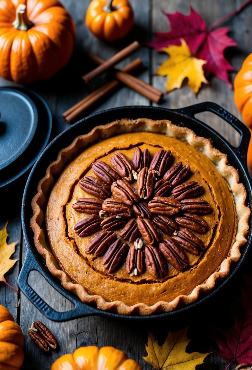 A golden-brown pumpkin pie with a crunchy pecan topping sits in a rustic, cast iron dutch oven, surrounded by fall leaves and cinnamon sticks