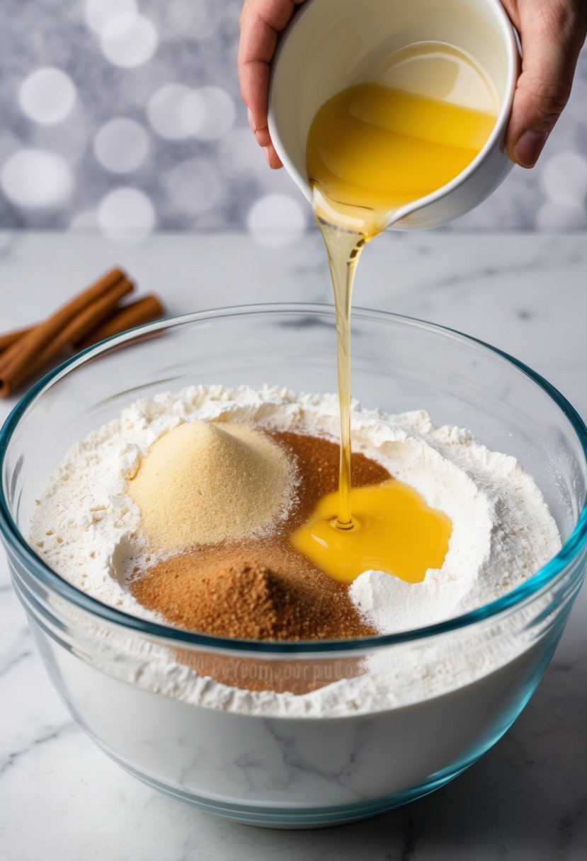 A mixing bowl filled with flour, sugar, and cinnamon chips. A hand pours melted butter into the bowl