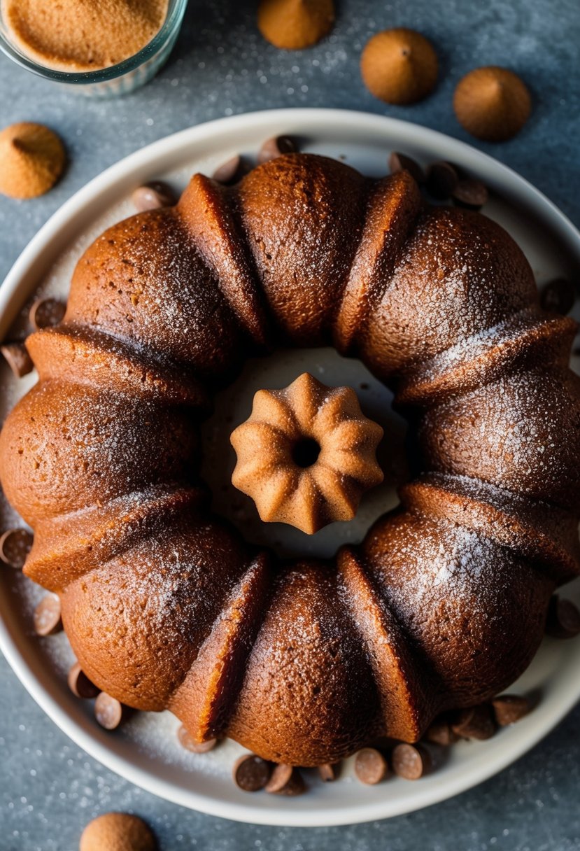 A bundt cake surrounded by cinnamon chips and a sprinkle of cinnamon on top