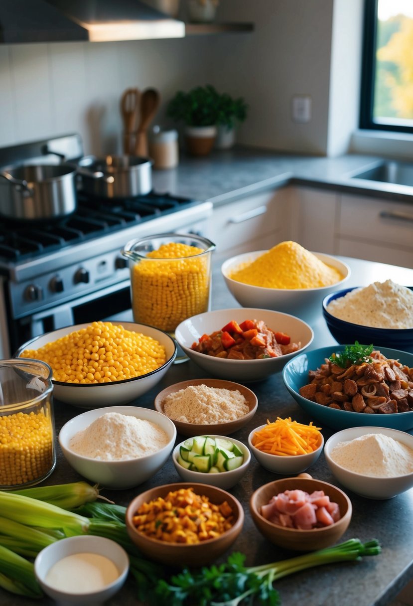 A table with various ingredients such as corn, flour, and different fillings like meat, cheese, and vegetables, alongside cooking utensils and a stove