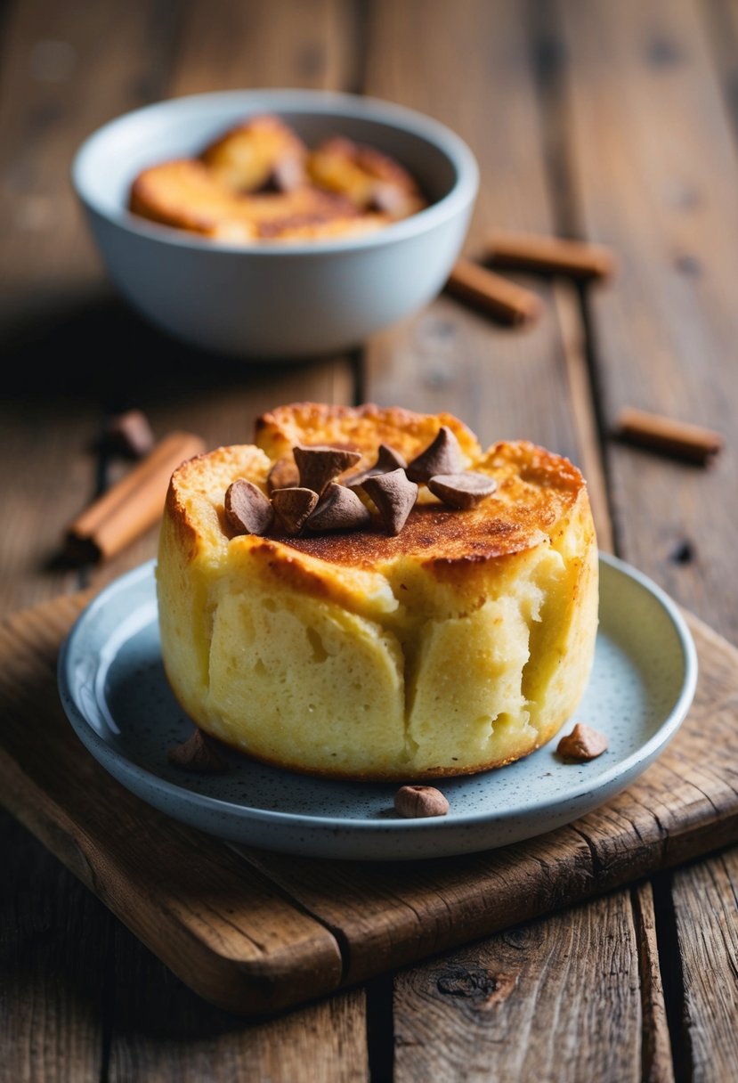 A warm, golden-brown bread pudding topped with a sprinkle of cinnamon chips, resting on a rustic wooden table