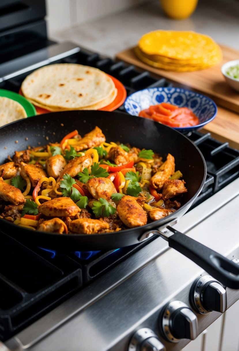 A sizzling skillet of chicken fajita ingredients on a stovetop with colorful tortillas nearby