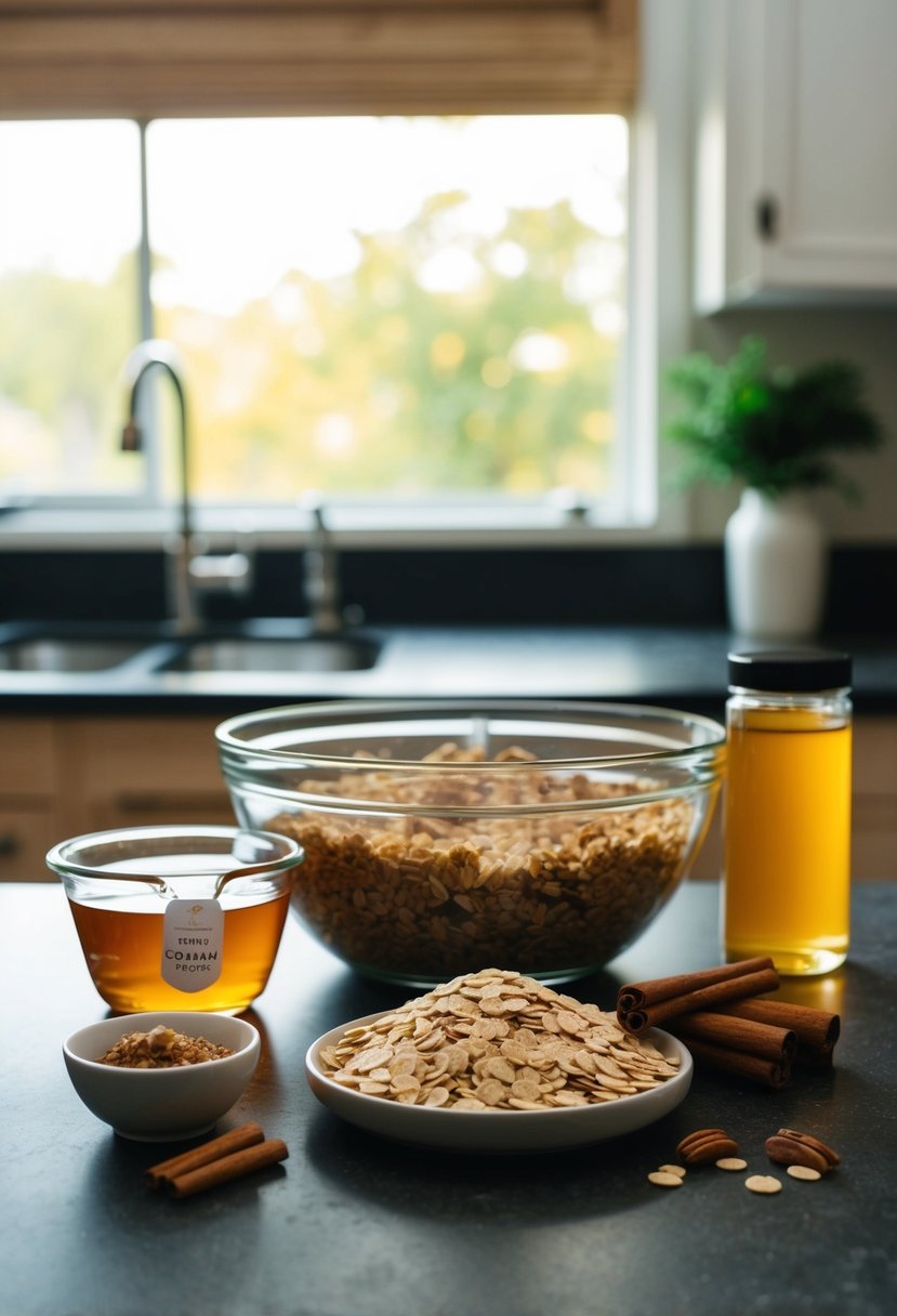 A kitchen counter with ingredients for cinnamon chip granola bars, including cinnamon chips, oats, honey, and a mixing bowl