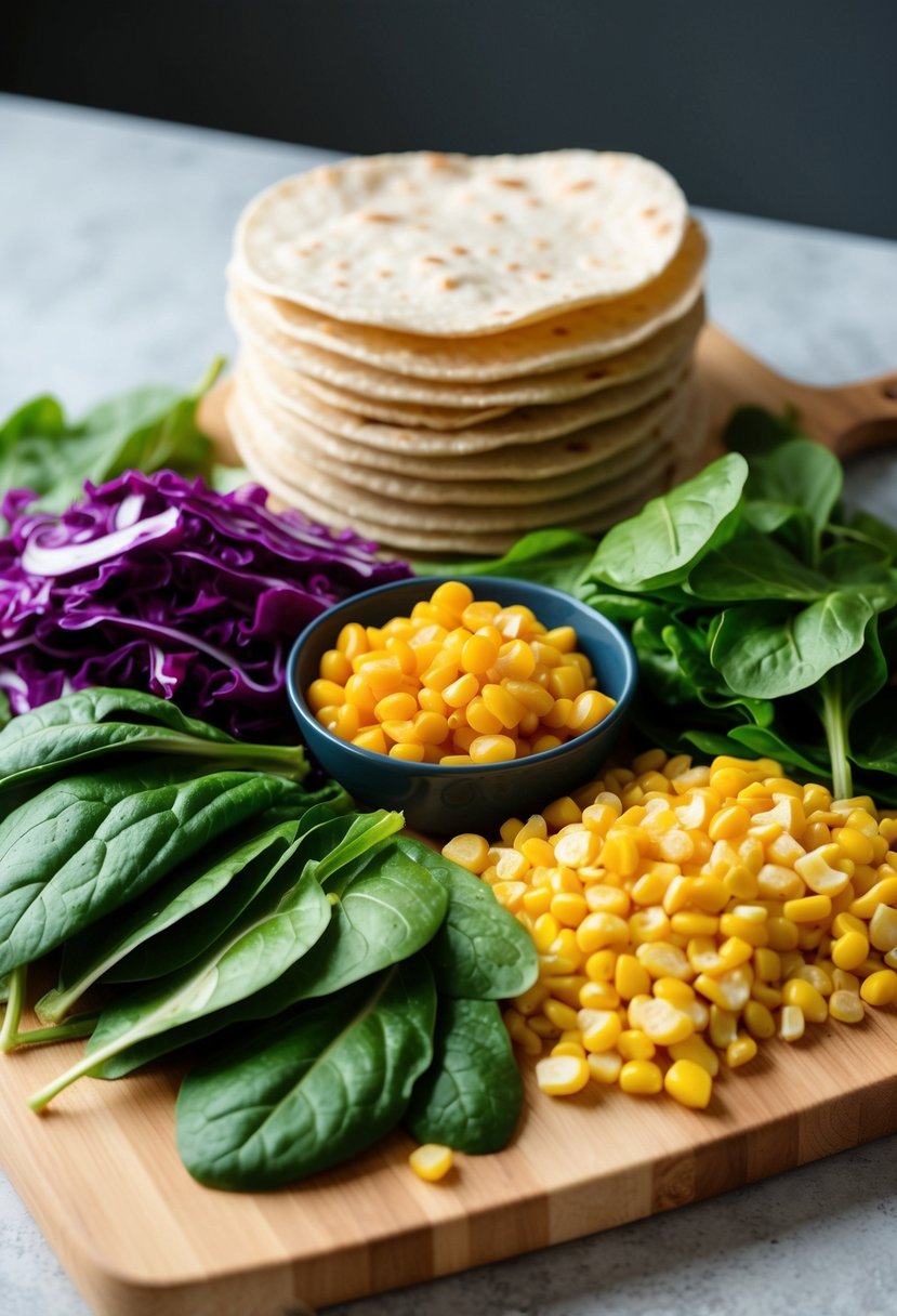 A colorful array of fresh spinach, vibrant purple cabbage, and golden corn kernels arranged on a wooden cutting board, surrounded by a stack of homemade vegan tortillas