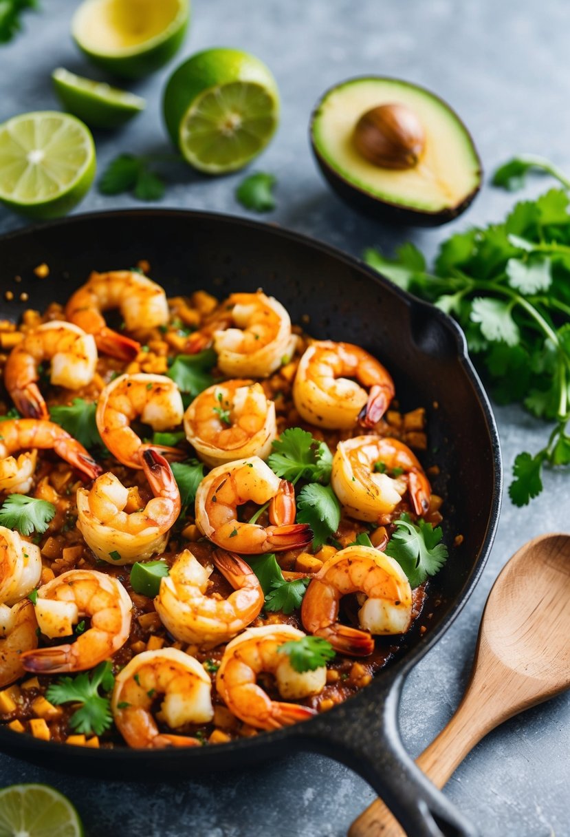 A sizzling skillet of spicy shrimp and tortillas, surrounded by vibrant ingredients like avocado, lime, and cilantro