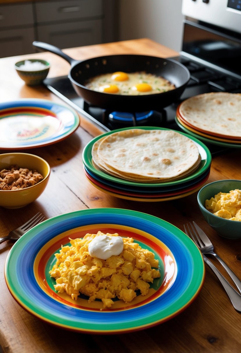 A wooden table set with colorful plates, a bowl of scrambled eggs, and a stack of tortillas. A skillet sizzles on the stove