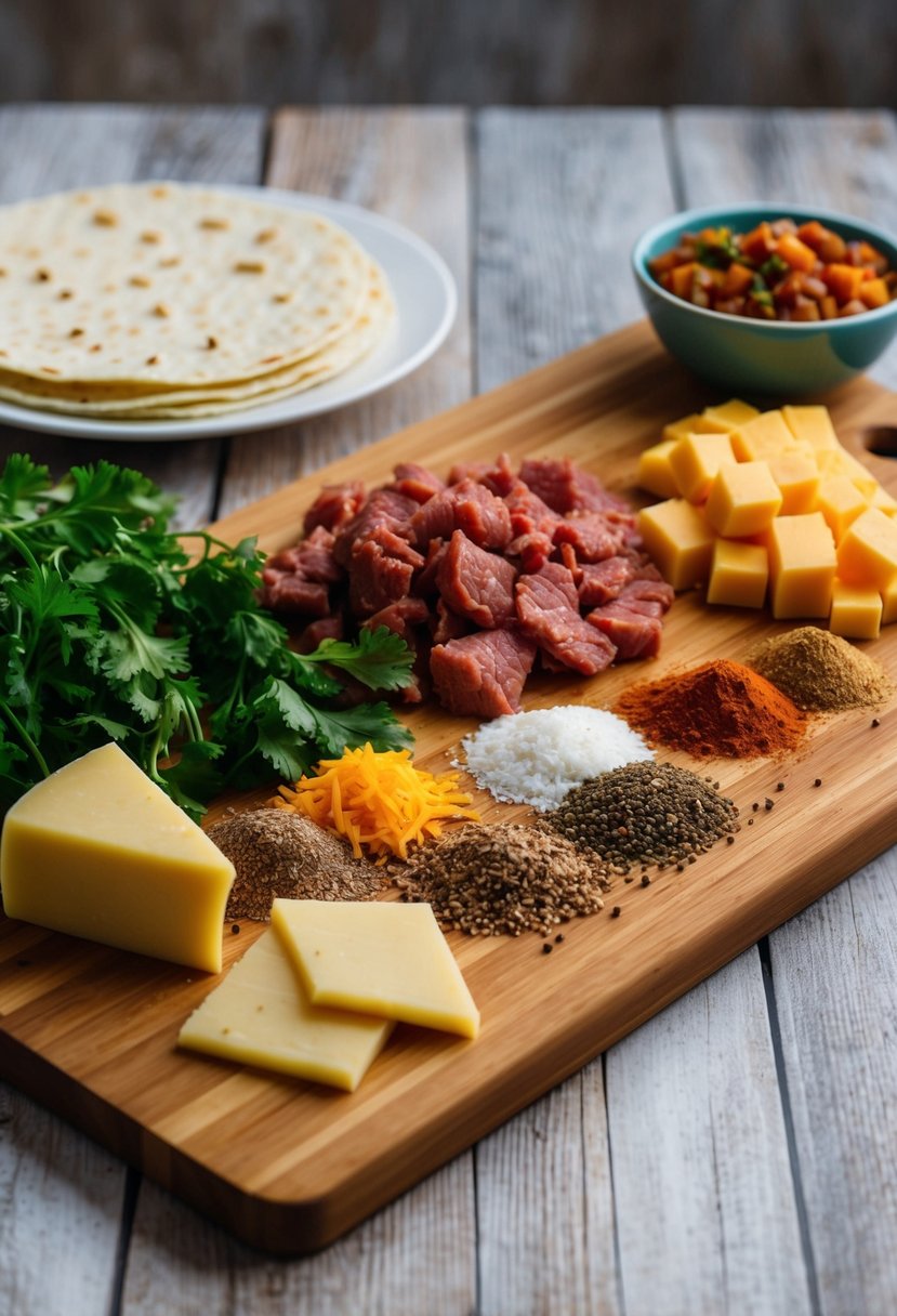 A wooden cutting board with ingredients: beef, cheese, tortillas, and spices laid out for a tortilla recipe