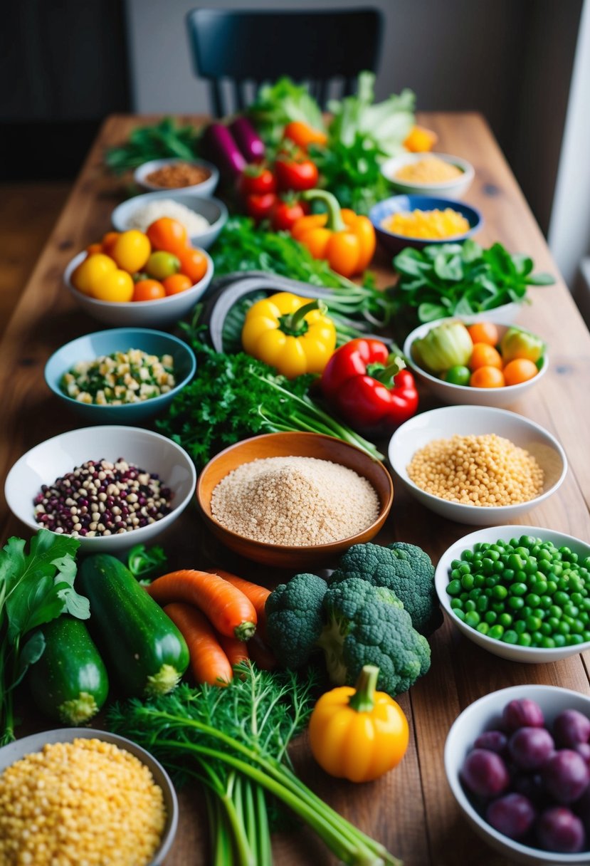 A colorful array of fresh vegetables, grains, and plant-based proteins arranged on a wooden table