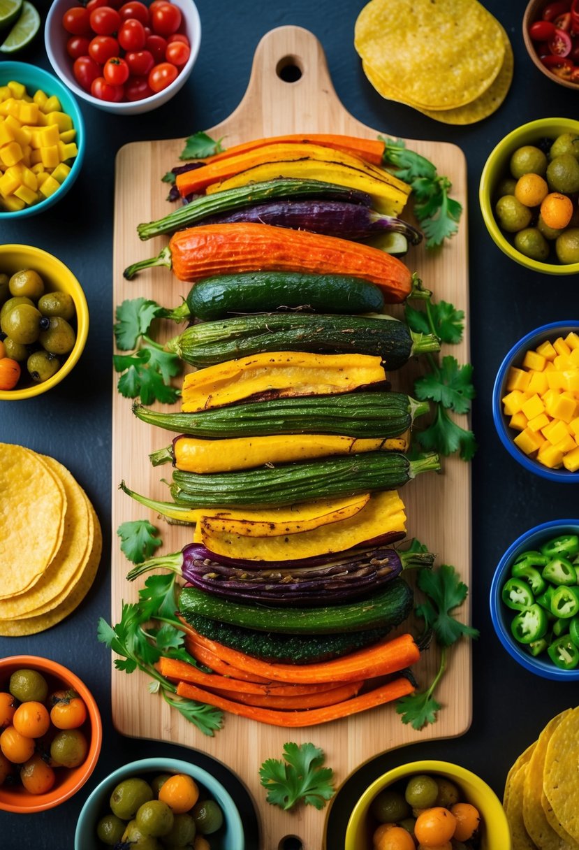 A colorful array of roasted vegetables arranged on a wooden cutting board, surrounded by vibrant Siete tortillas