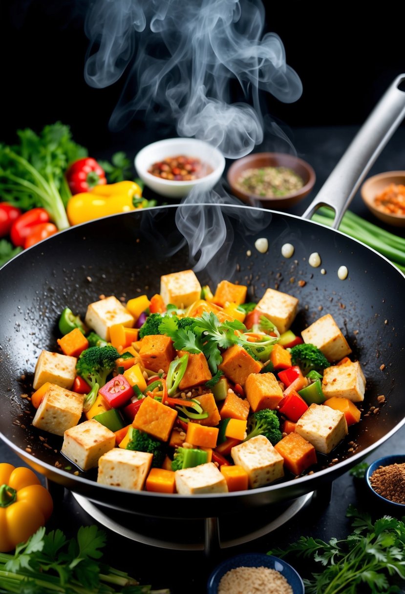 A sizzling wok filled with colorful vegetables and cubes of spicy tofu, steam rising, surrounded by an array of fresh herbs and spices