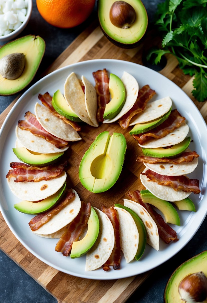 A plate of bacon avocado tortillas arranged in a circular pattern on a wooden cutting board