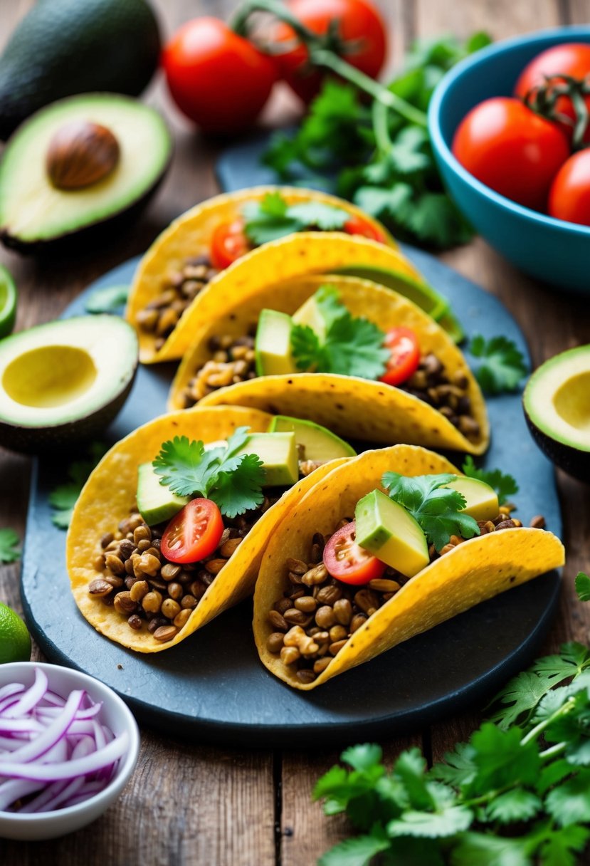 A colorful array of lentil walnut tacos arranged on a rustic wooden table, surrounded by fresh ingredients like avocado, tomatoes, and cilantro