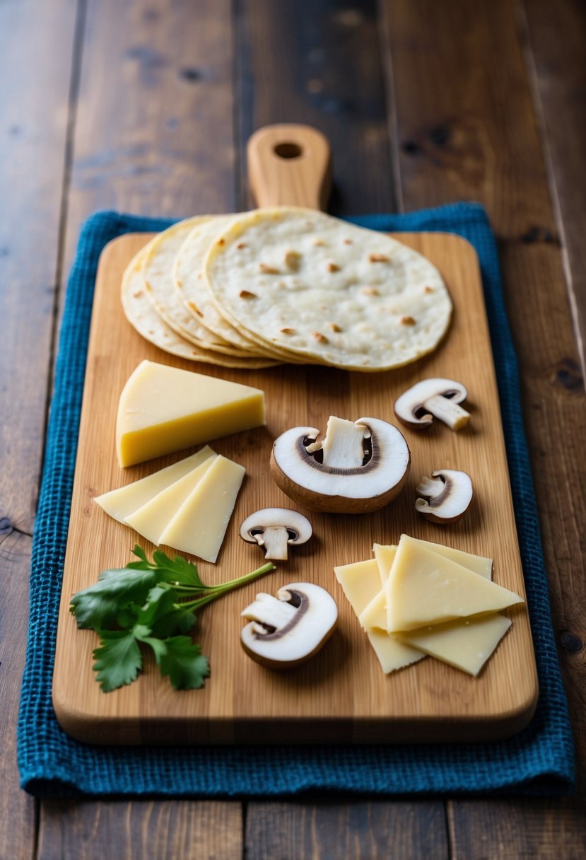 A wooden cutting board with sliced mushrooms, Swiss cheese, and Siete tortillas arranged for making Mushroom and Swiss tortillas