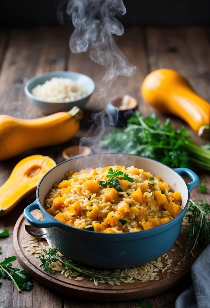 A steaming pot of butternut squash risotto sits on a rustic wooden table, surrounded by fresh ingredients like squash, herbs, and rice