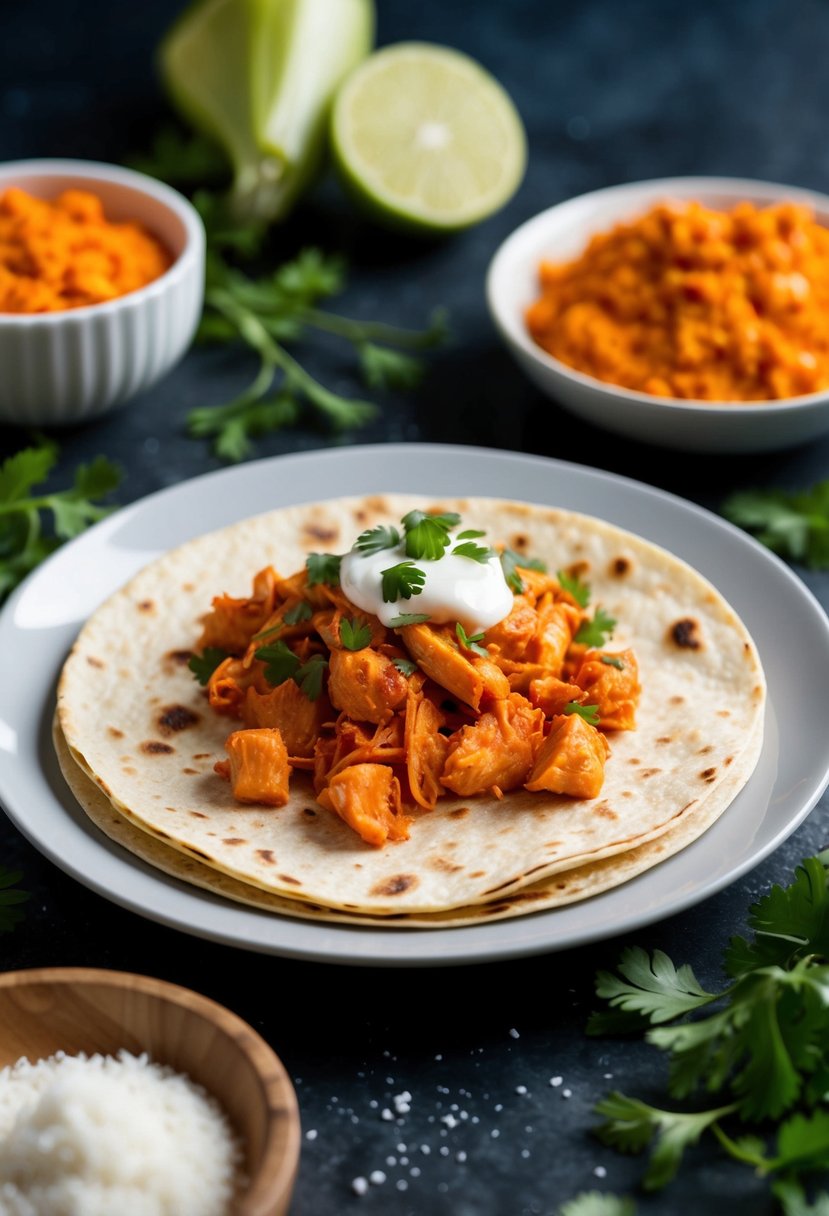 A plate of buffalo chicken tortillas surrounded by ingredients